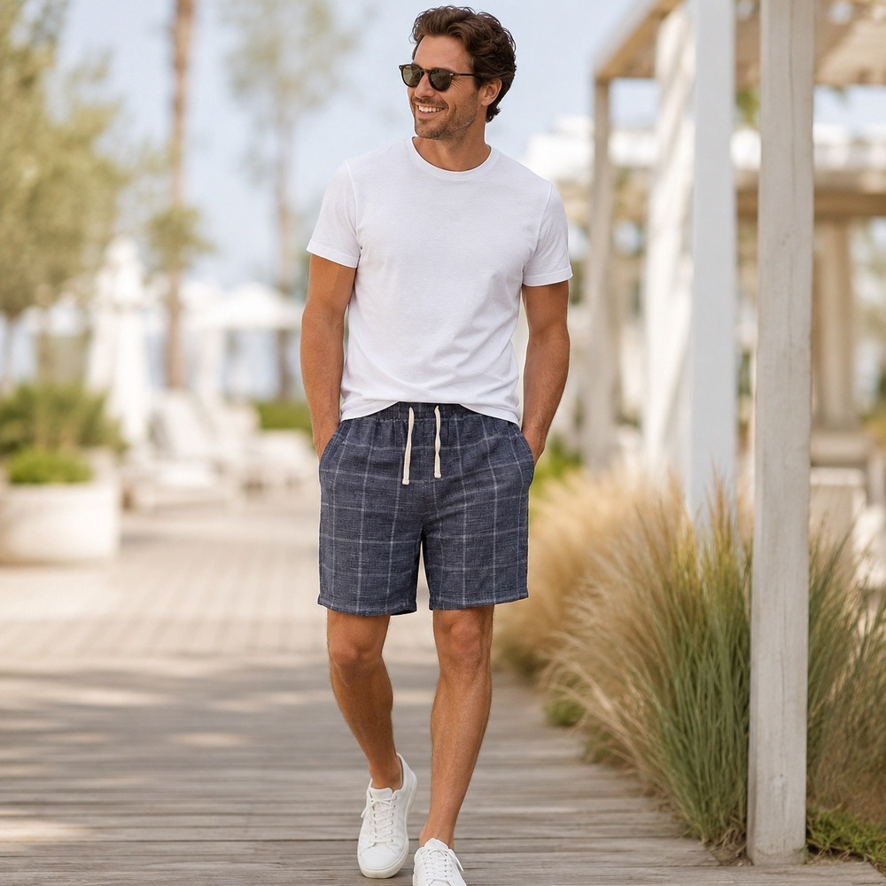 Banana Republic Mens Deck Short Navy Windowpane Plaid Cotton Shorts 454801 L